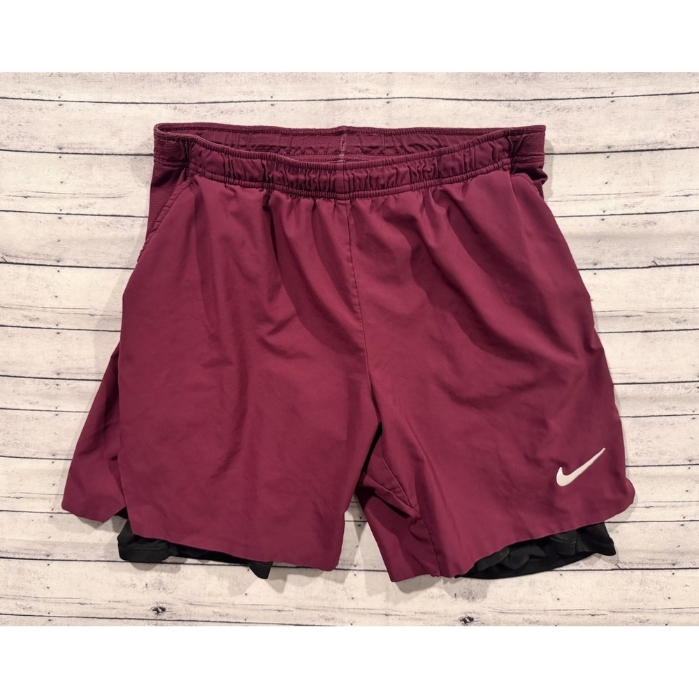 Nike Mens Running Short Sz M Maroon 7" Inseam Lined Drawstring Gym Workout